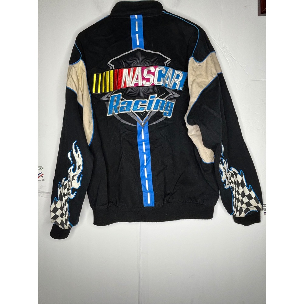 JH Design NASCAR Racing Jacket Mens XL Black Cotton Twill Embroidered Bomber Y2K